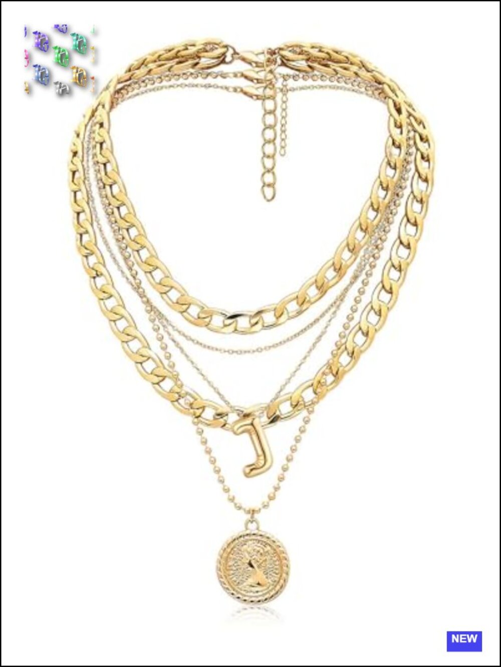 3-Piece Layered Initial Coin Pendant Necklace Set Chunky Dainty Chain Choker